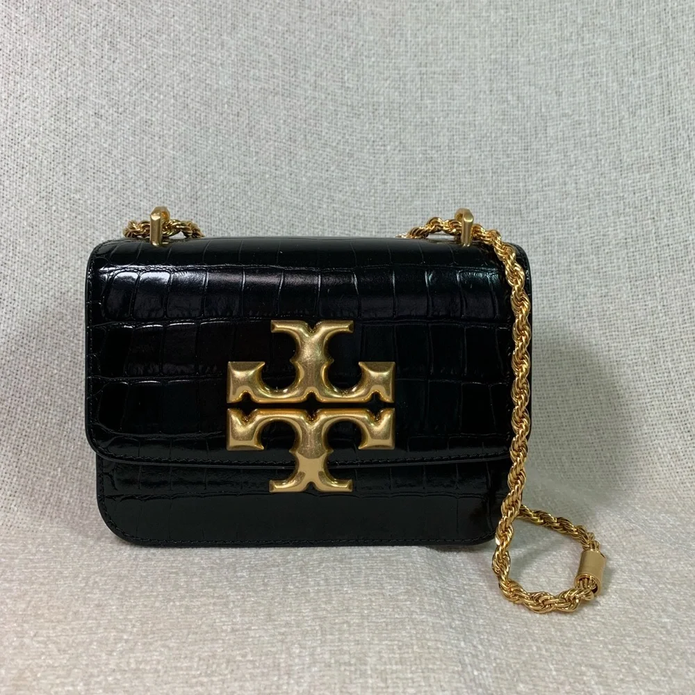Tory Burch Black Croc-Embossed Mini Shoulder Bag with Gold Logo